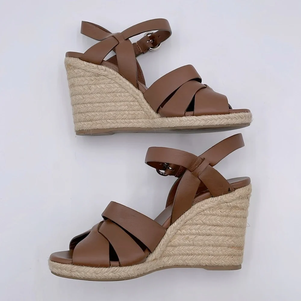Prada Rony Brown Leather Espadrilles Platform Jute & Rubber‎ Wedge Heel - 37